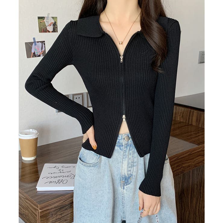 リブニットトップスレディースジップアップ | SUNSHINE CLOSET | 詳細画像1 