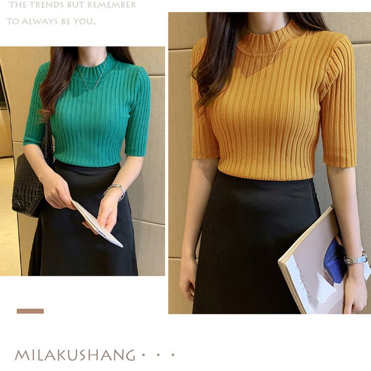 リブニットトップス レディース半袖春秋夏[品番：AGCW0003762