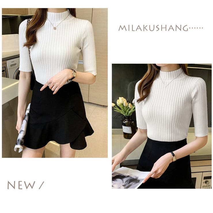 リブニットトップス レディース半袖春秋夏[品番：AGCW0003762