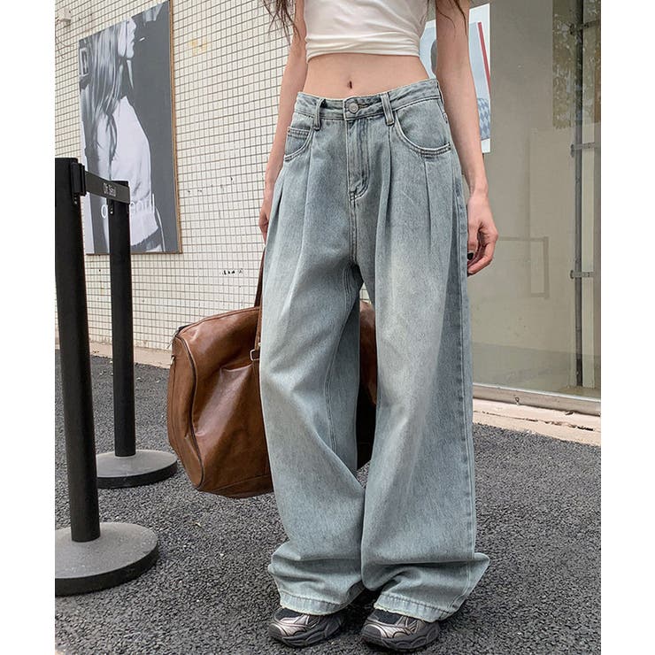 タックワイドデニムパンツレディース韓国風 | SUNSHINE CLOSET | 詳細画像1 