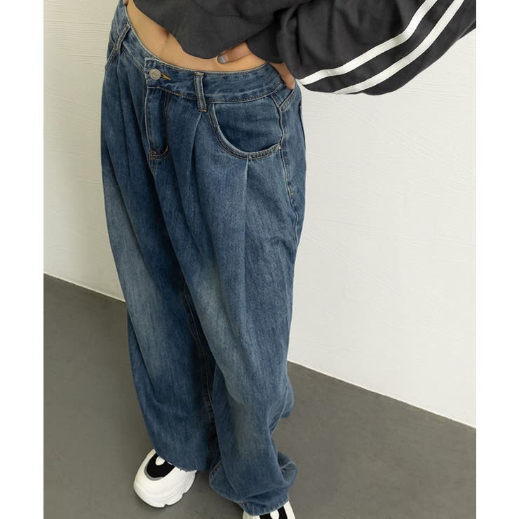 タックワイドデニムパンツレディース韓国風[品番：AGCW0005785