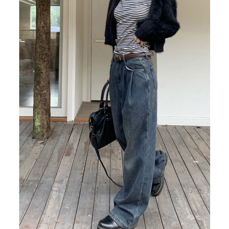 タックワイドデニムパンツレディース韓国風 | SUNSHINE CLOSET | 詳細画像9 