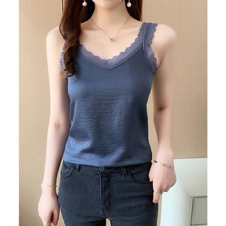 大人可愛いサテン調キャミ きれいめインナートップス Vネックタンクトップ上品レイ… | SUNSHINE CLOSET | 詳細画像2 