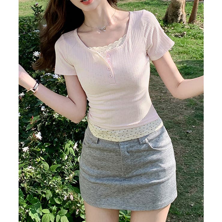 フェイクレイヤードtシャツレディース 前ボタンリブtシャツ 大人可愛い | SUNSHINE CLOSET | 詳細画像17 