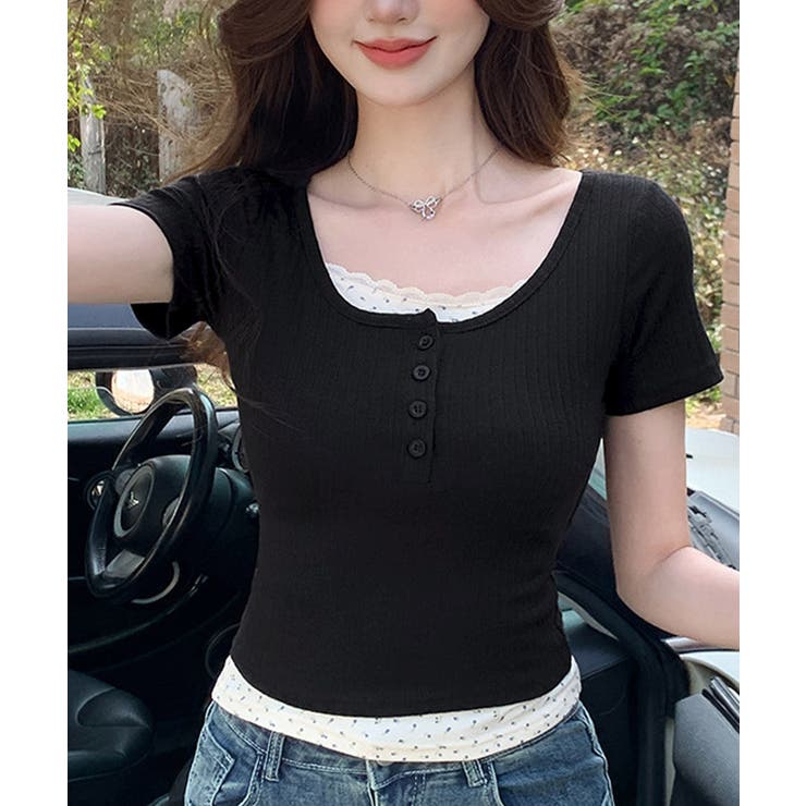 フェイクレイヤードtシャツレディース 前ボタンリブtシャツ 大人可愛い | SUNSHINE CLOSET | 詳細画像2 