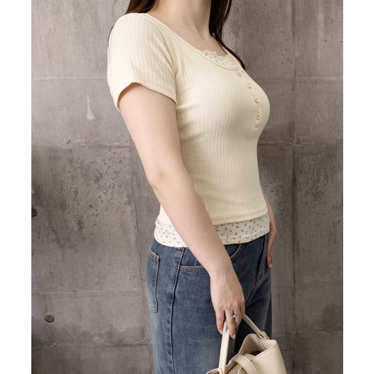 フェイクレイヤードtシャツレディース 前ボタンリブtシャツ 大人可愛い | SUNSHINE CLOSET | 詳細画像22 