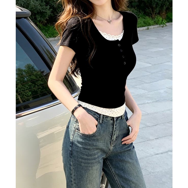 フェイクレイヤードtシャツレディース 前ボタンリブtシャツ 大人可愛い | SUNSHINE CLOSET | 詳細画像3 
