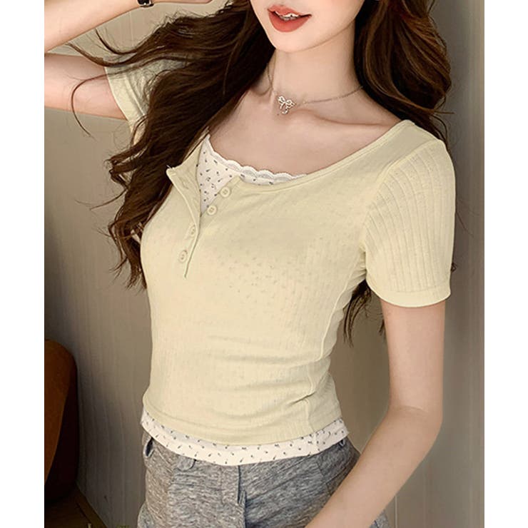 フェイクレイヤードtシャツレディース 前ボタンリブtシャツ 大人可愛い | SUNSHINE CLOSET | 詳細画像6 