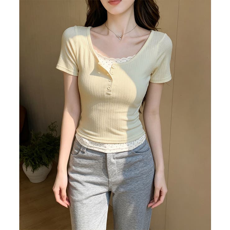 フェイクレイヤードtシャツレディース 前ボタンリブtシャツ 大人可愛い | SUNSHINE CLOSET | 詳細画像7 