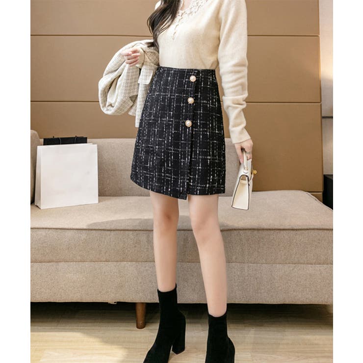 ツイード風スカート 韓国ミニスカート美脚[品番：AGCW0005307