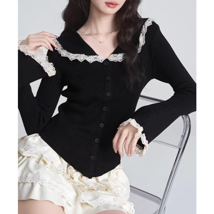 レーストリム Vネックリブニットトップス | SUNSHINE CLOSET | 詳細画像1 