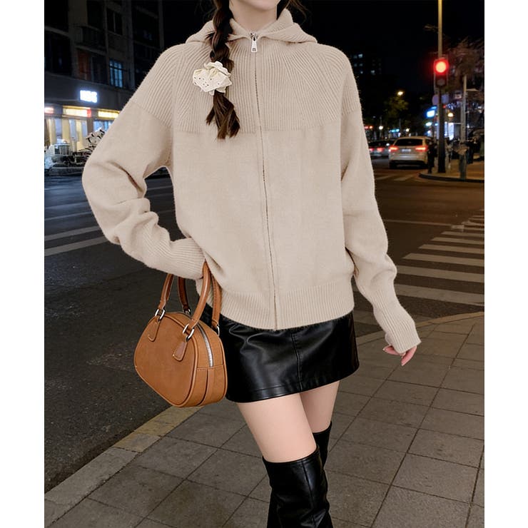 ニットジップパーカー フード付きニットカーデ 長袖ニットトップス | SUNSHINE CLOSET | 詳細画像1 