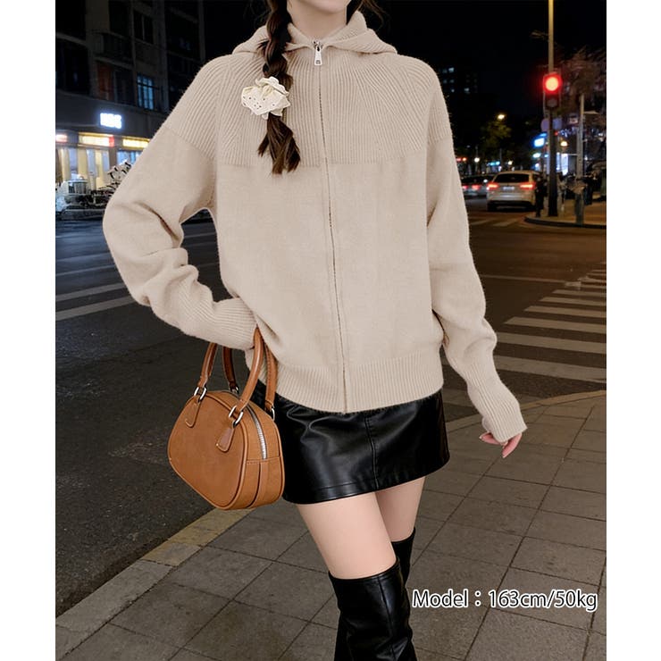 ニットジップパーカー フード付きニットカーデ 長袖ニットトップス | SUNSHINE CLOSET | 詳細画像3 