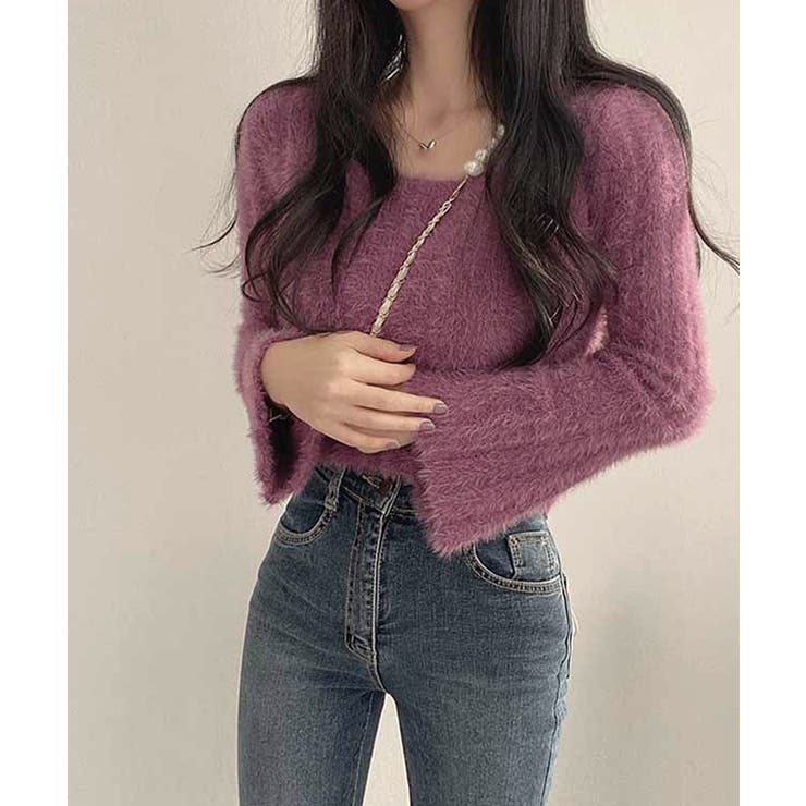 ハンドニットローゲージショート丈トップス 着画 春ニット