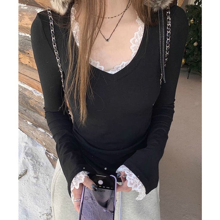 レース付TシャツVネック長袖リブトップス | SUNSHINE CLOSET | 詳細画像1 