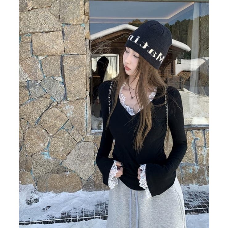 レース付TシャツVネック長袖リブトップス | SUNSHINE CLOSET | 詳細画像3 