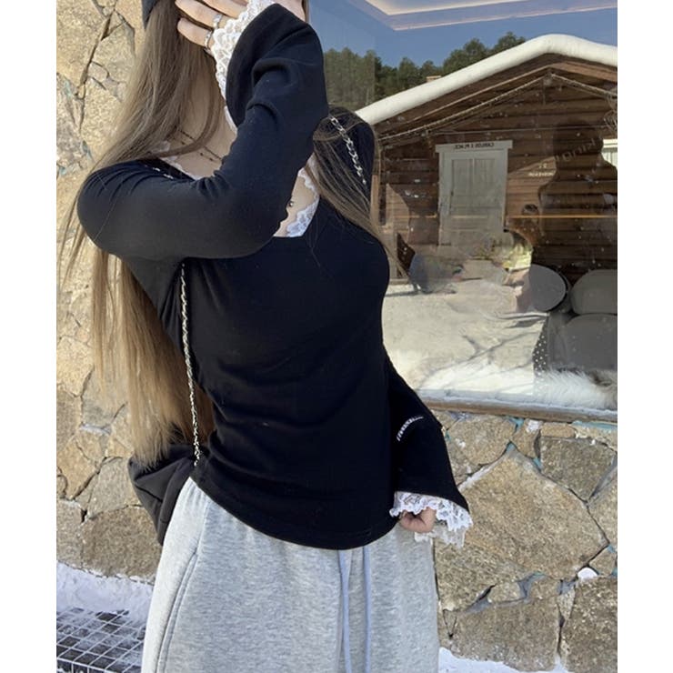 レース付TシャツVネック長袖リブトップス | SUNSHINE CLOSET | 詳細画像4 