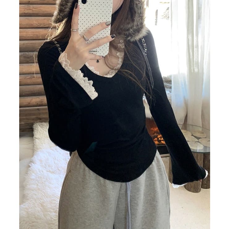 レース付TシャツVネック長袖リブトップス | SUNSHINE CLOSET | 詳細画像9 