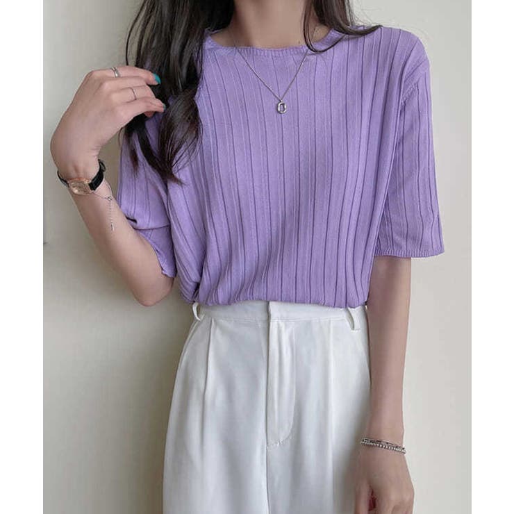 薄手リブニットTシャツレディース ベーシックニット着やせトップス 通勤通学 | SUNSHINE CLOSET | 詳細画像12 