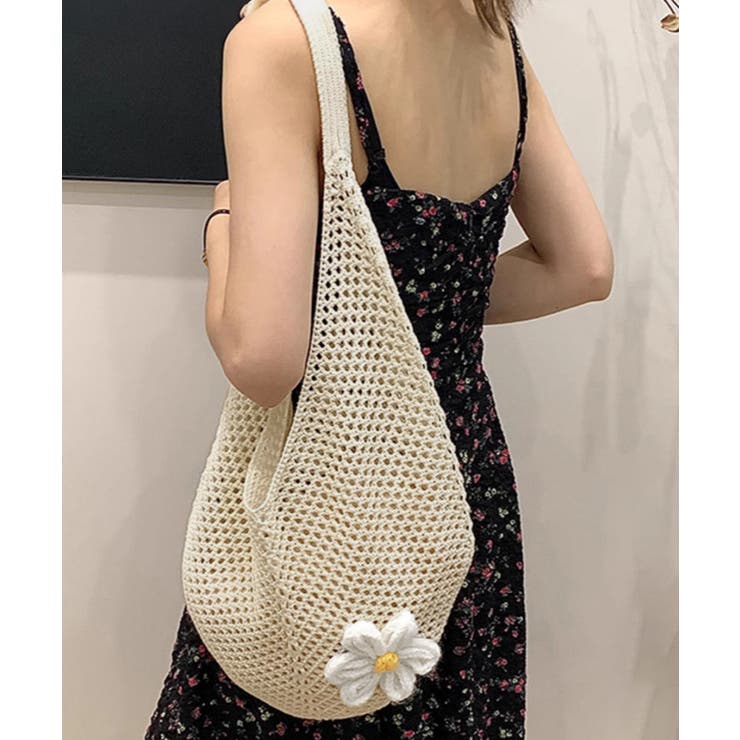 トートバッグ花モチーフ付き編みバッグ軽量[品番：AGCW0006759