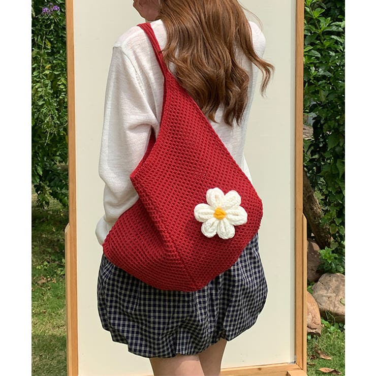 トートバッグ花モチーフ付き編みバッグ軽量[品番：AGCW0006759