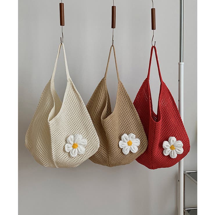 トートバッグ花モチーフ付き編みバッグ軽量[品番：AGCW0006759