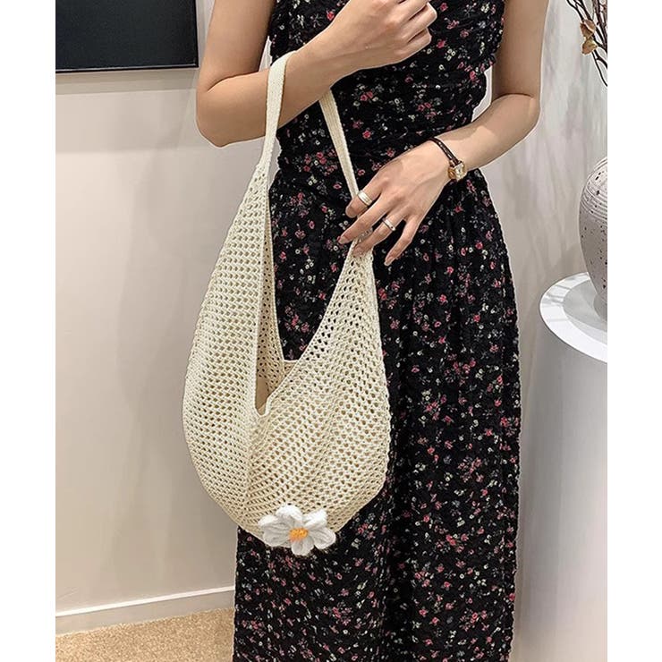 トートバッグ花モチーフ付き編みバッグ軽量 | SUNSHINE CLOSET | 詳細画像3 