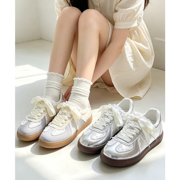 上品レーススニーカーレディース華やかリボンシューズ 大人可愛い軽量厚底靴 メタリ… | SUNSHINE CLOSET | 詳細画像13 