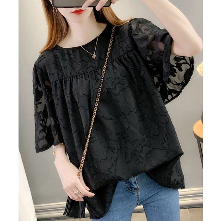 ジャガードブラウス 透け感フレアスリーブ 夏トップス半袖 | SUNSHINE CLOSET | 詳細画像1 