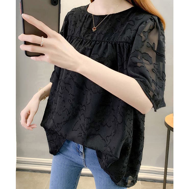 ジャガードブラウス 透け感フレアスリーブ 夏トップス半袖 | SUNSHINE CLOSET | 詳細画像4 