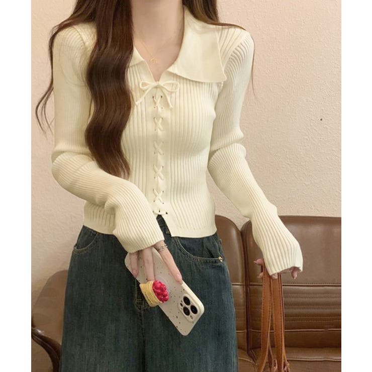 レースアップ リブニットトップス 韓国風 | SUNSHINE CLOSET | 詳細画像1 