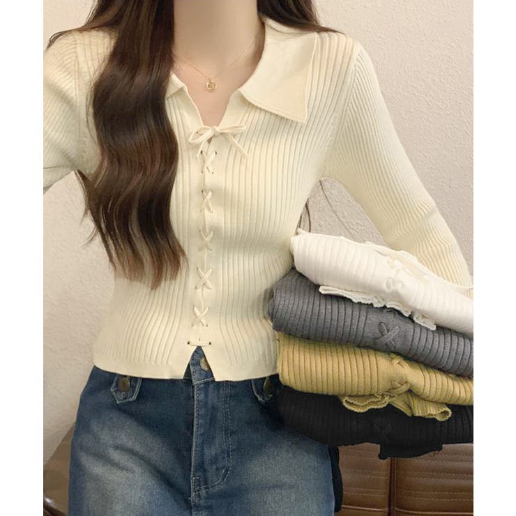 レースアップ リブニットトップス 韓国風 | SUNSHINE CLOSET | 詳細画像4 