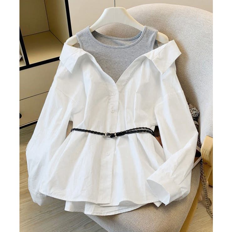 レディース ベルト付きパッチワークシャツレイヤード風 肩見せブラウス | SUNSHINE CLOSET | 詳細画像1 