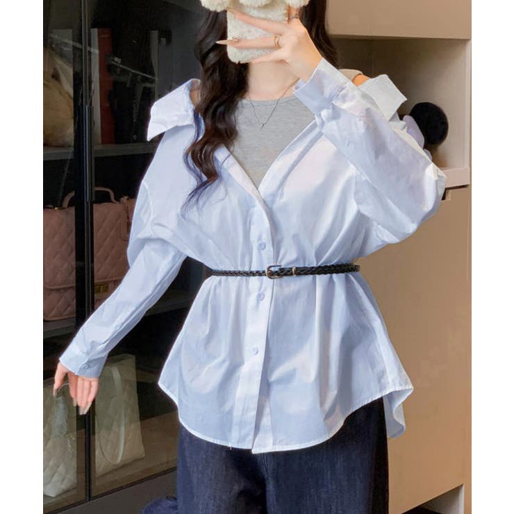 レディース ベルト付きパッチワークシャツレイヤード風 肩見せブラウス | SUNSHINE CLOSET | 詳細画像10 