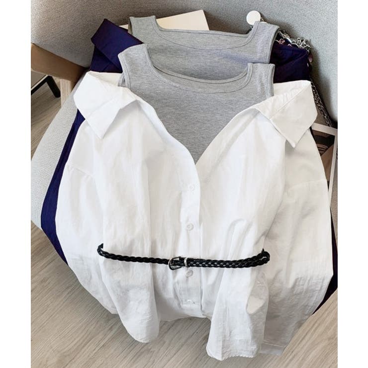 レディース ベルト付きパッチワークシャツレイヤード風 肩見せブラウス | SUNSHINE CLOSET | 詳細画像12 