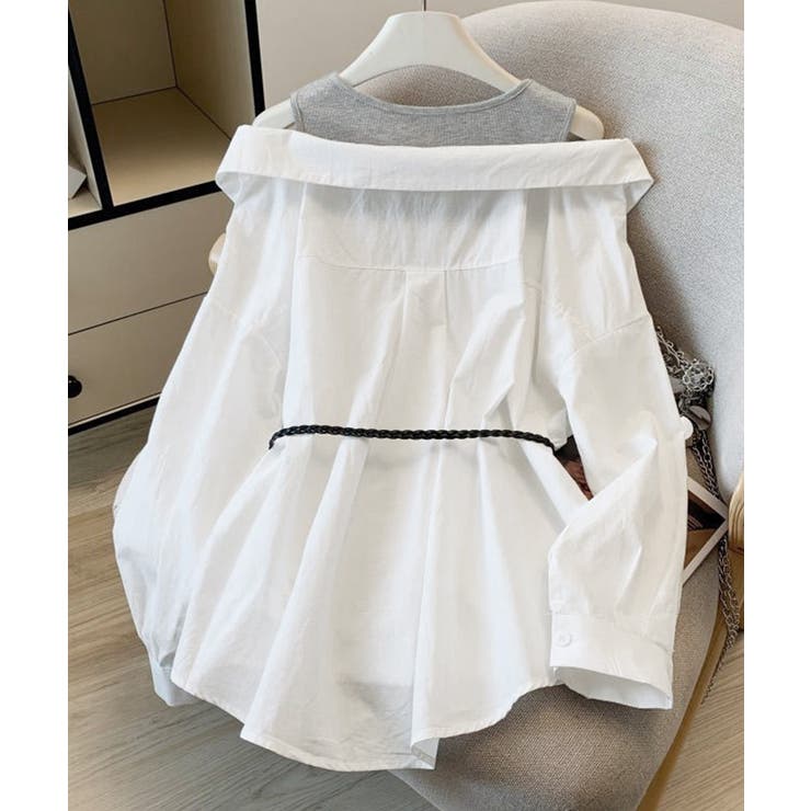 レディース ベルト付きパッチワークシャツレイヤード風 肩見せブラウス | SUNSHINE CLOSET | 詳細画像13 