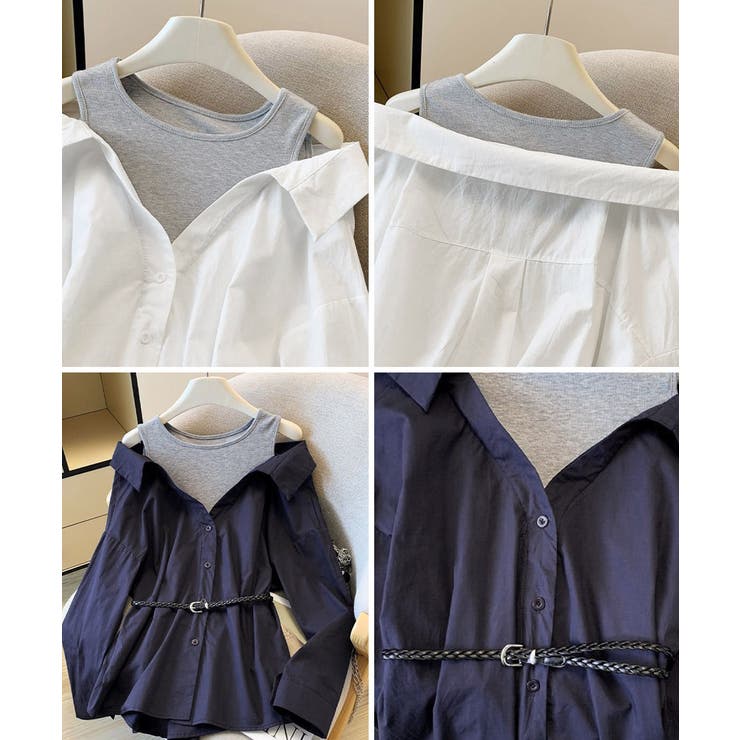 レディース ベルト付きパッチワークシャツレイヤード風 肩見せブラウス | SUNSHINE CLOSET | 詳細画像14 