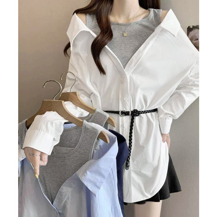 レディース ベルト付きパッチワークシャツレイヤード風 肩見せブラウス | SUNSHINE CLOSET | 詳細画像2 