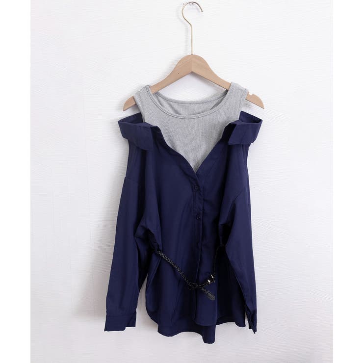 レディース ベルト付きパッチワークシャツレイヤード風 肩見せブラウス | SUNSHINE CLOSET | 詳細画像21 