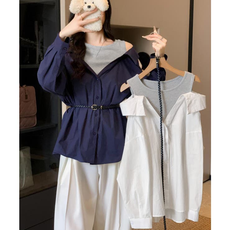 レディース ベルト付きパッチワークシャツレイヤード風 肩見せブラウス | SUNSHINE CLOSET | 詳細画像5 
