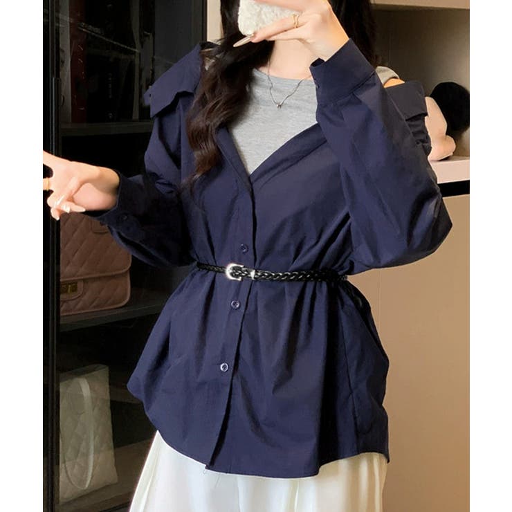 レディース ベルト付きパッチワークシャツレイヤード風 肩見せブラウス | SUNSHINE CLOSET | 詳細画像8 