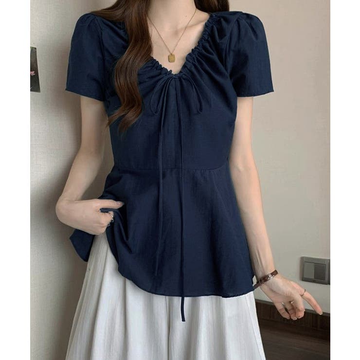 襟ドロストシャツ半袖レディース Vネックパフスリーブブラウス 大人きれいめ韓国風… | SUNSHINE CLOSET | 詳細画像1 