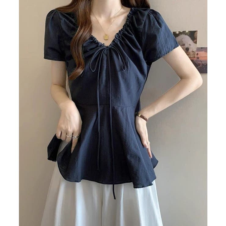 襟ドロストシャツ半袖レディース Vネックパフスリーブブラウス 大人きれいめ韓国風… | SUNSHINE CLOSET | 詳細画像11 