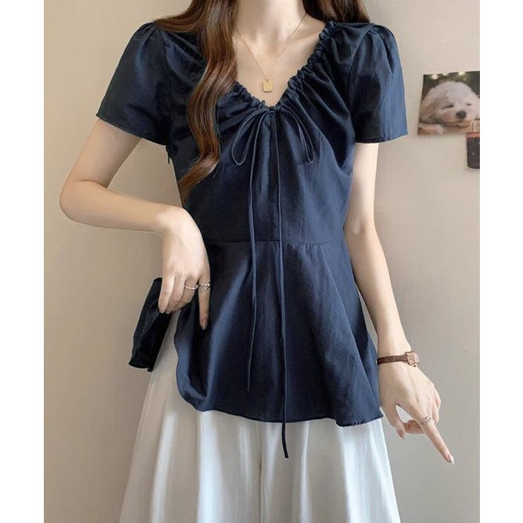 襟ドロストシャツ半袖レディース Vネックパフスリーブブラウス 大人きれいめ韓国風… | SUNSHINE CLOSET | 詳細画像13 