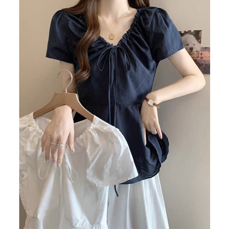 襟ドロストシャツ半袖レディース Vネックパフスリーブブラウス 大人きれいめ韓国風… | SUNSHINE CLOSET | 詳細画像14 