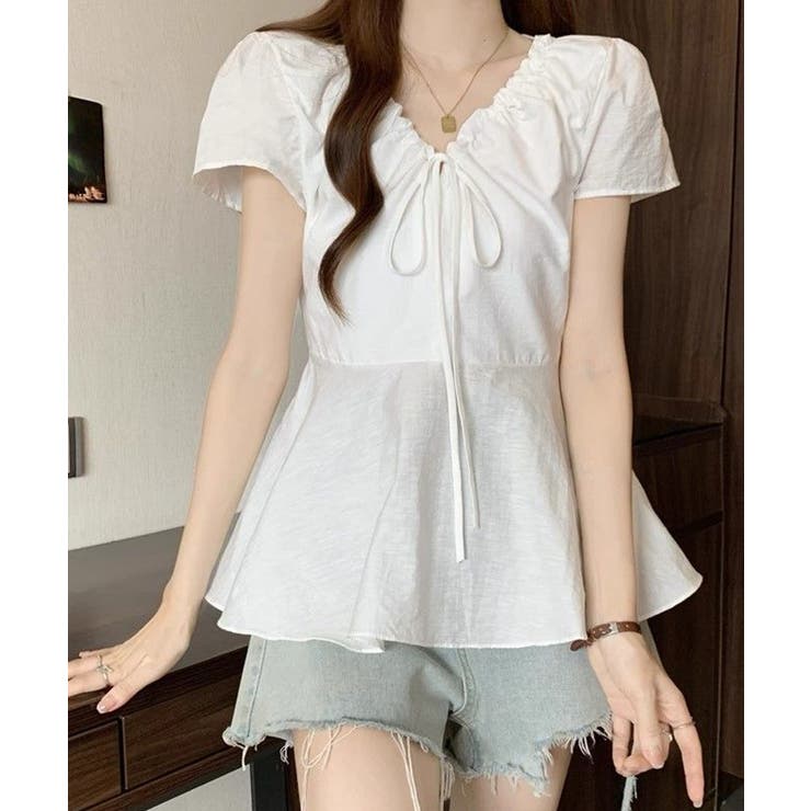 襟ドロストシャツ半袖レディース Vネックパフスリーブブラウス 大人きれいめ韓国風… | SUNSHINE CLOSET | 詳細画像16 