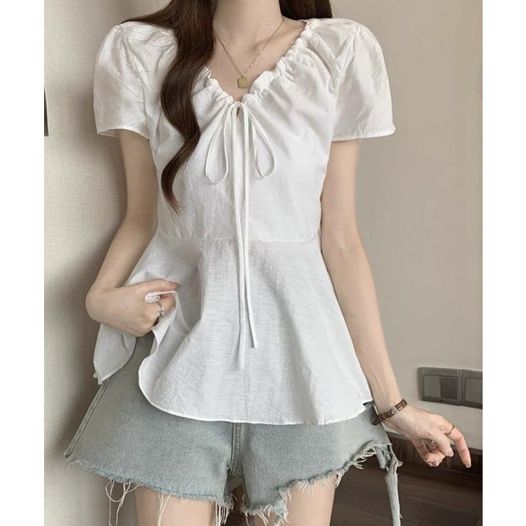 襟ドロストシャツ半袖レディース Vネックパフスリーブブラウス 大人きれいめ韓国風… | SUNSHINE CLOSET | 詳細画像2 