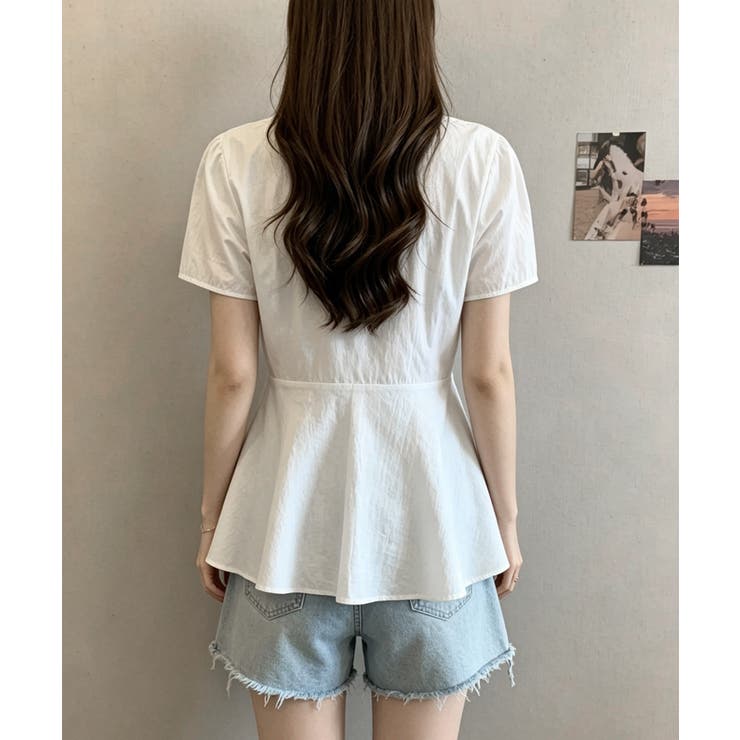 襟ドロストシャツ半袖レディース Vネックパフスリーブブラウス 大人きれいめ韓国風… | SUNSHINE CLOSET | 詳細画像4 