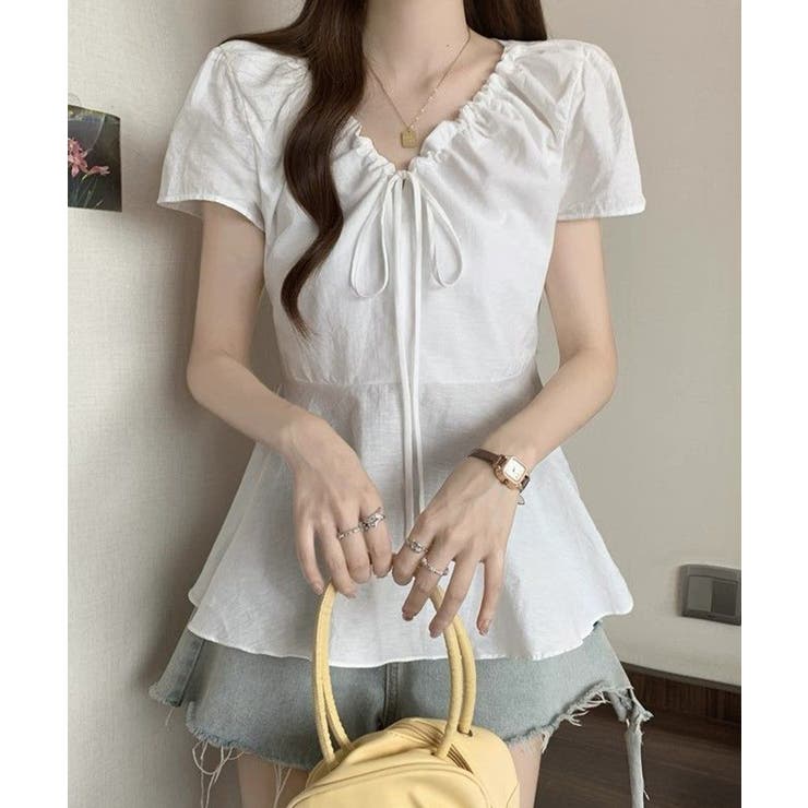 襟ドロストシャツ半袖レディース Vネックパフスリーブブラウス 大人きれいめ韓国風… | SUNSHINE CLOSET | 詳細画像5 
