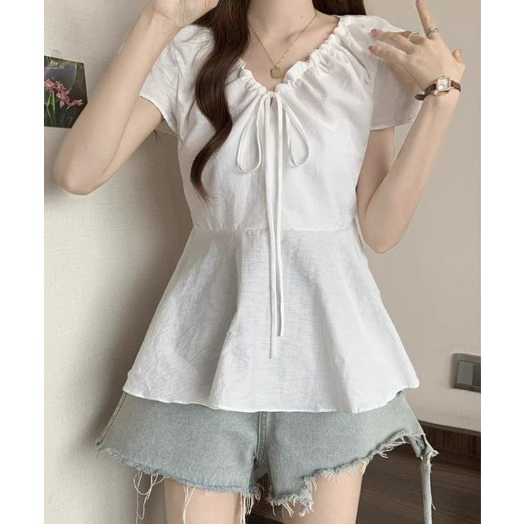 襟ドロストシャツ半袖レディース Vネックパフスリーブブラウス 大人きれいめ韓国風… | SUNSHINE CLOSET | 詳細画像6 